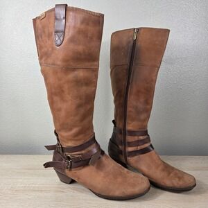 Pikolinos Tall Leather Boots Brown Harness Side Zip Low Heel Women's EU 40 US 9
